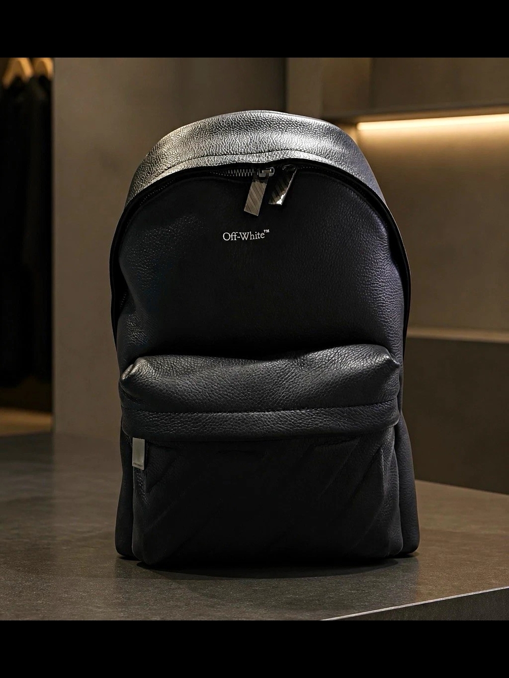 Off-White Black Leather Zip Backpack Men's Solid Pattern
